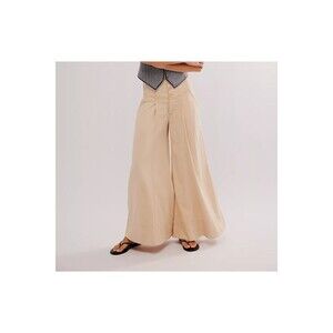 Free People Maxed Out Wide-Leg Trousers Pants Mid-Rise Pleated Beige M-8 282253